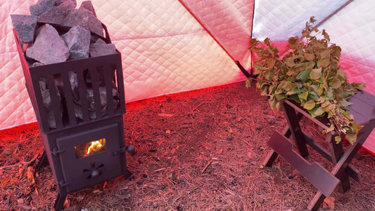 Small sauna stove for tent with stone basket